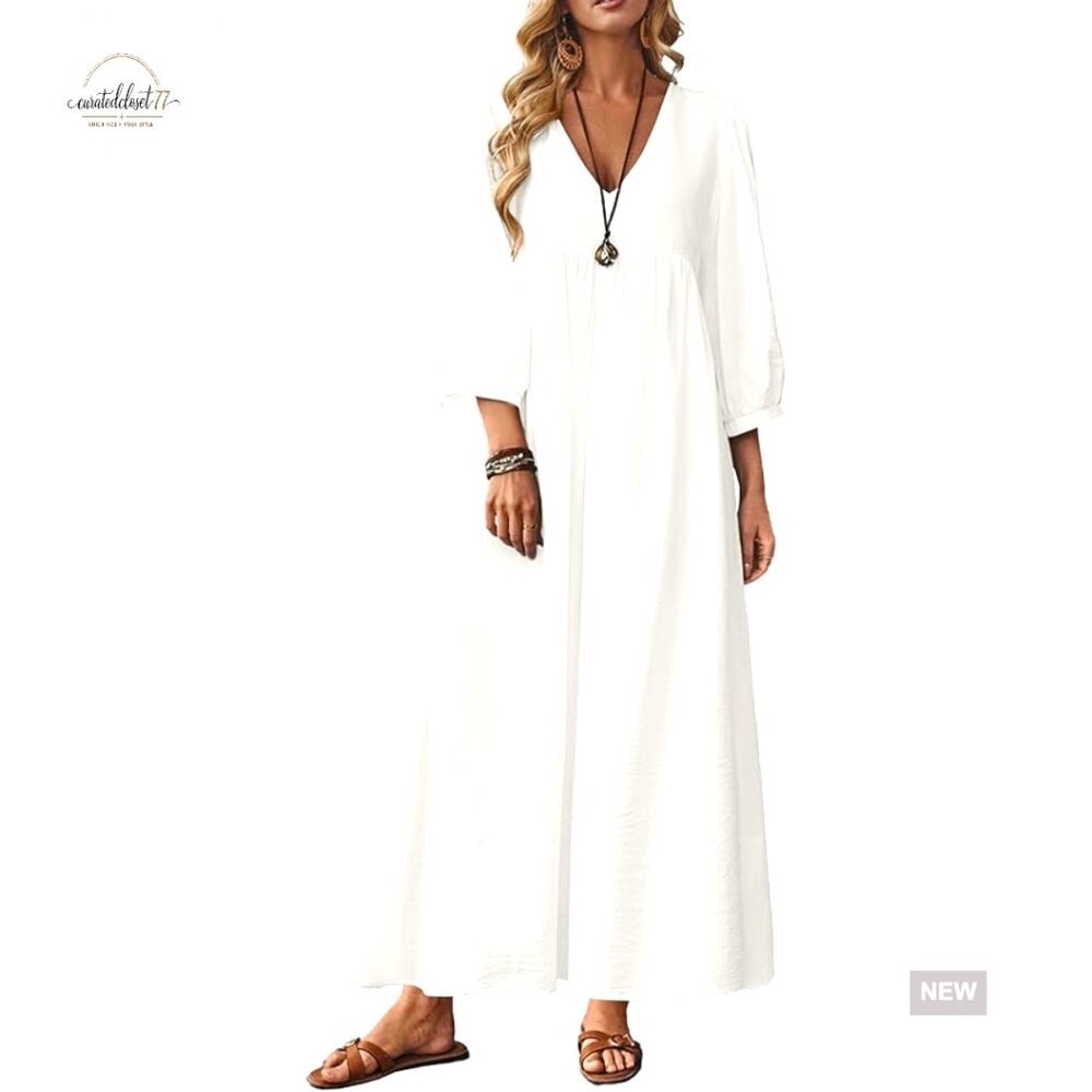 Loose Fit Cotton Maxi Dress with Puff Sleeves and Pockets